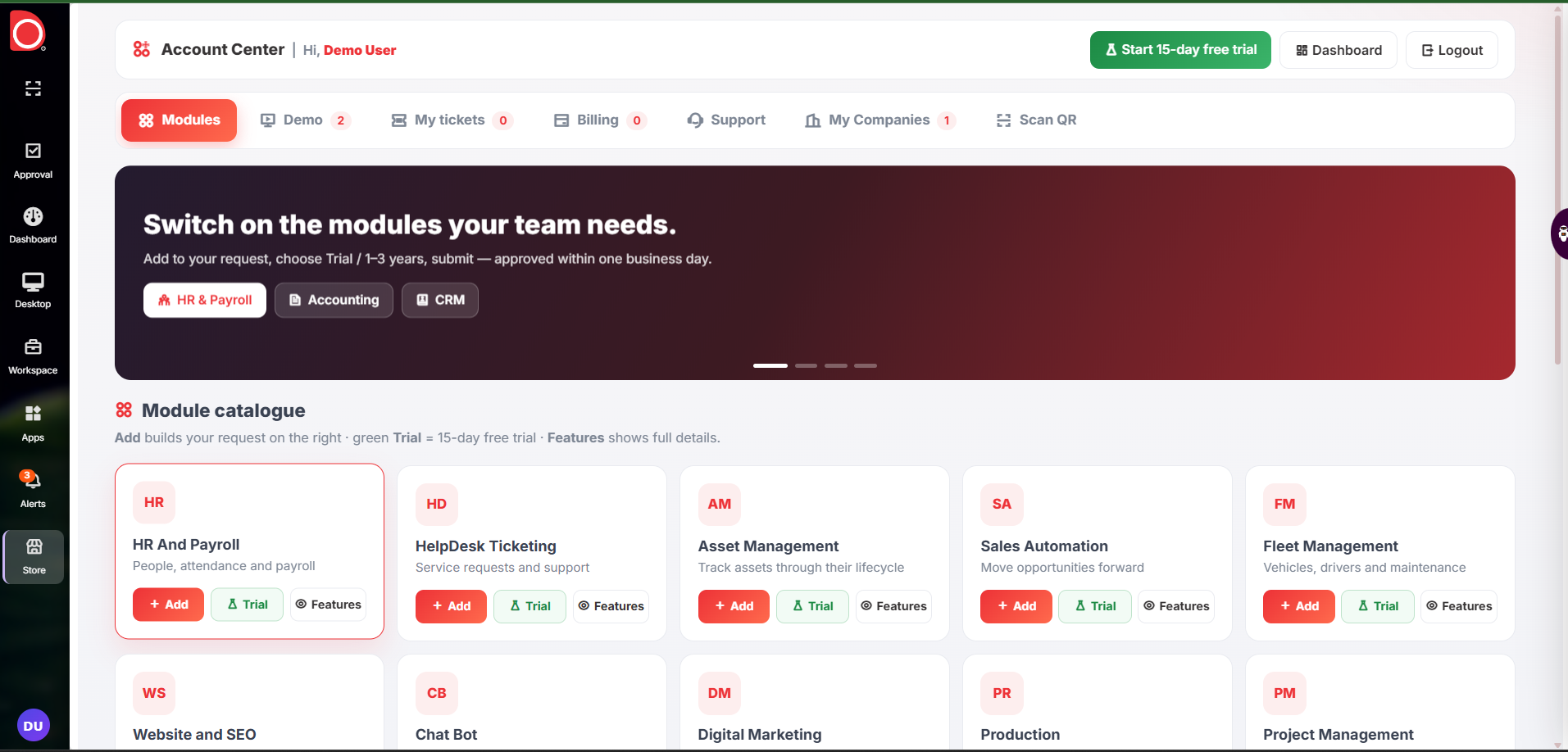 Sarus module catalogue and account center
